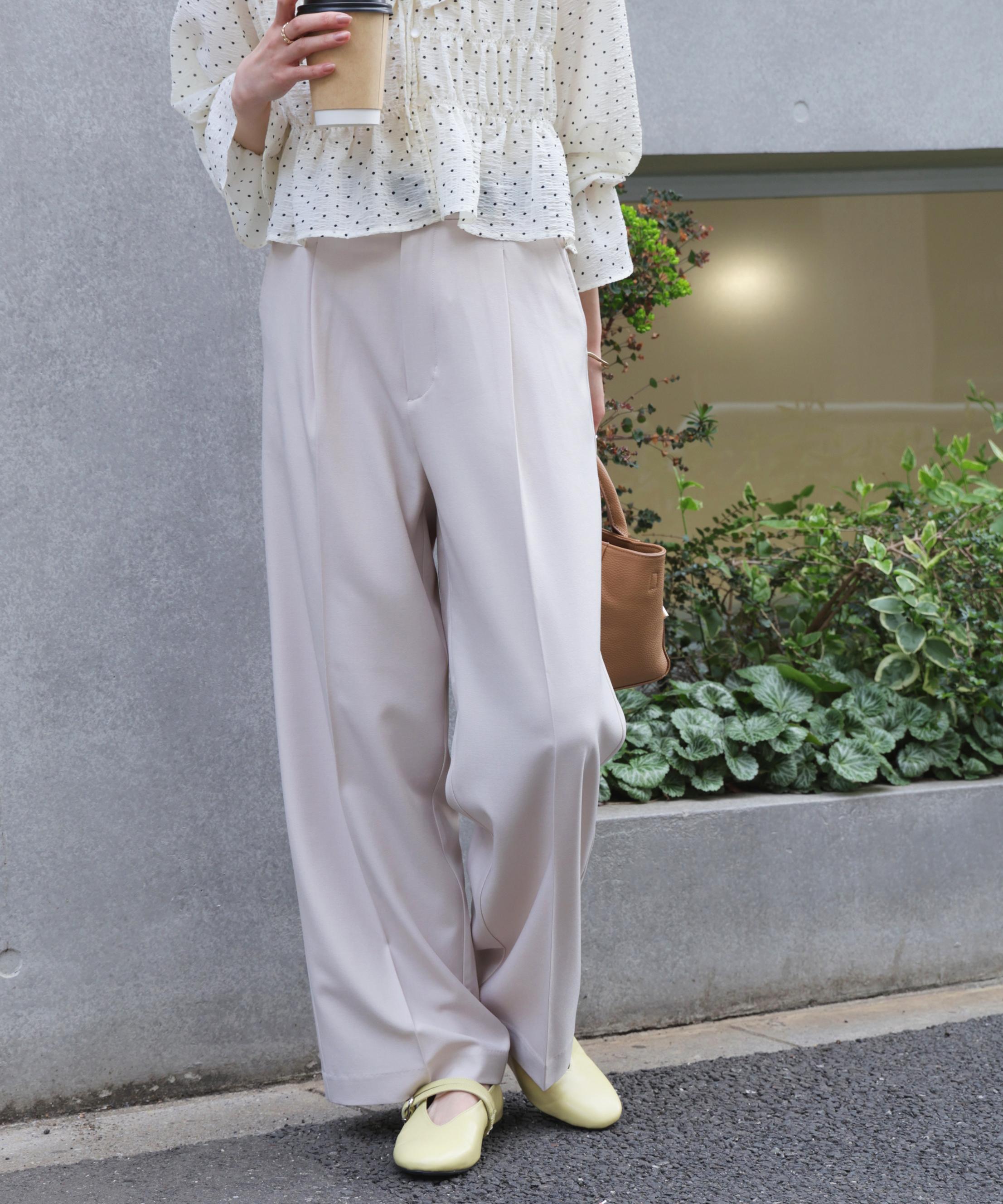 ワンタックワイドパンツ［切らずに履ける身長別サイズ/低身長/高身長/５サイズ５色/洗える/防シワ オフベージュ