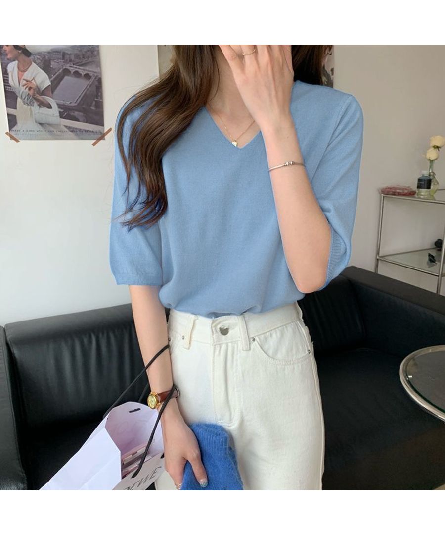 ベストストア Beststore ニットソー半袖 vネックニットソー トップス サマーニット 薄く軽い Tシャツ 無地 大人気可愛いニットソー 韓国ファッション 春 夏  大きいサイズ ロンT,スカイブルー