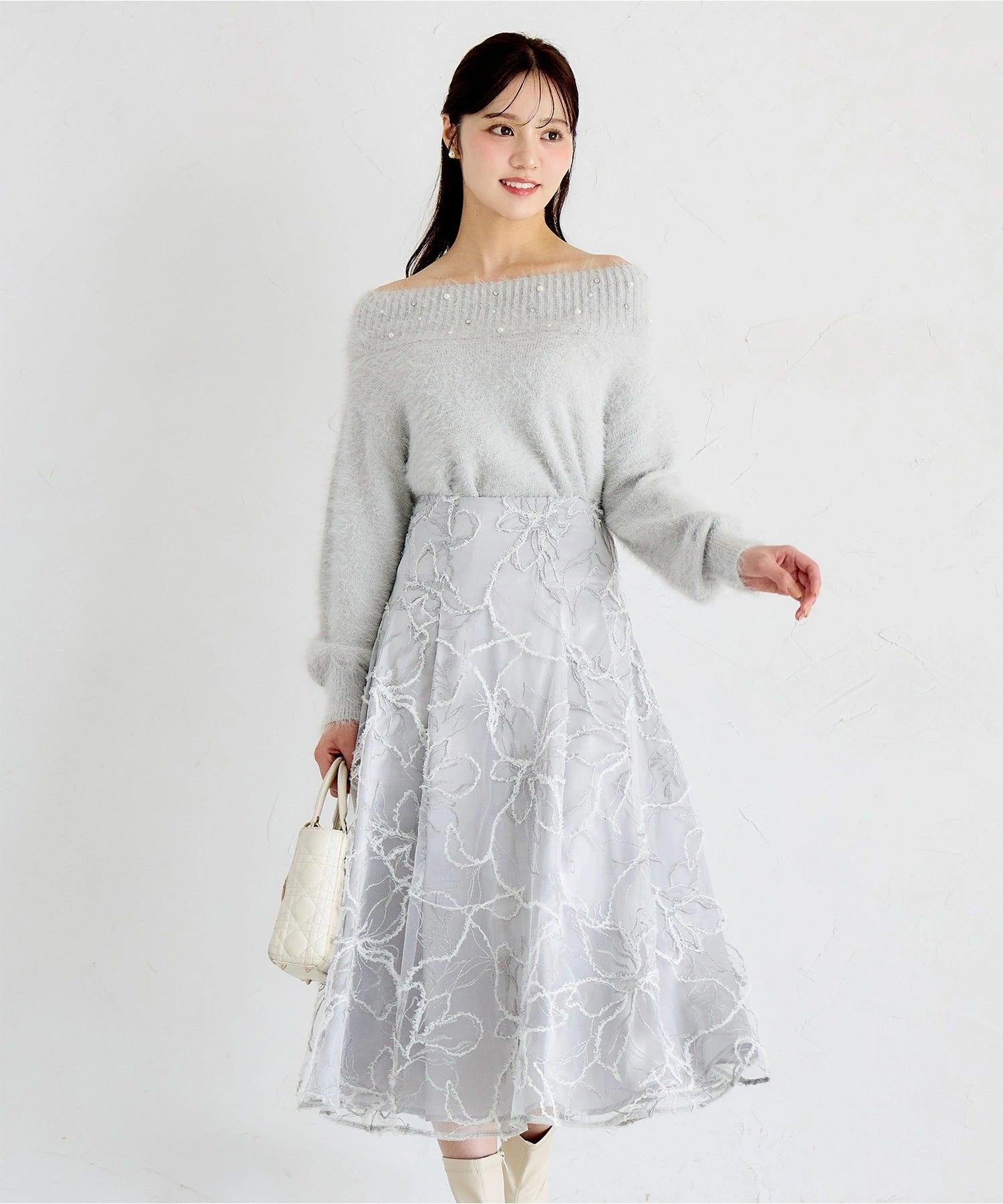 トッコクローゼット tocco closet バックレースアップモールレースタックフレアスカート グレー