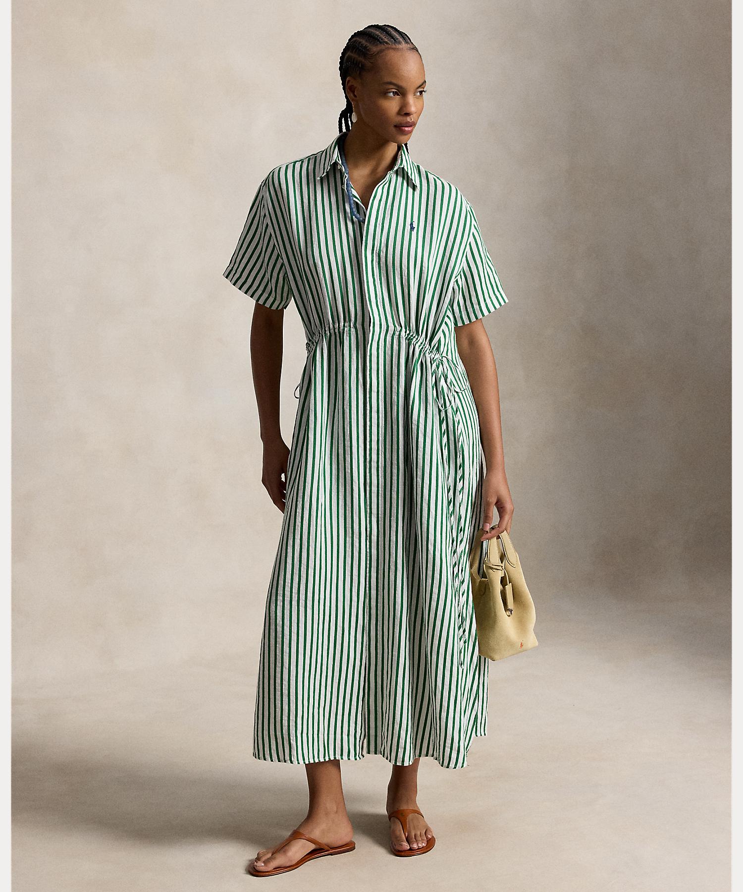 ポロ ラルフ ローレン POLO RALPH LAUREN ストライプド リネンコットン ドローコード シャツドレス （100ホワイト） 100ホワイト