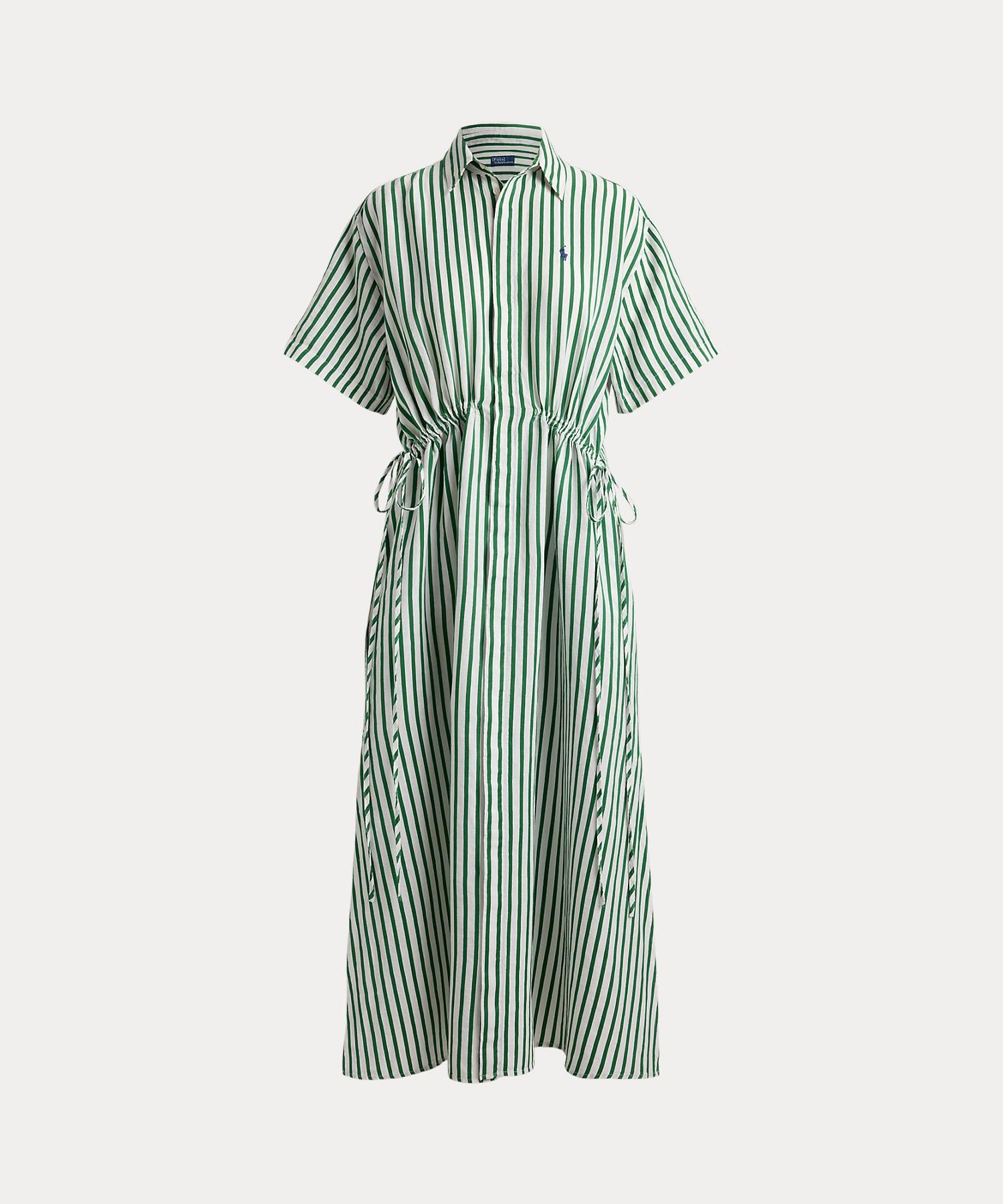 ポロ ラルフ ローレン POLO RALPH LAUREN ストライプド リネンコットン ドローコード シャツドレス (100ホワイト) 100ホワイト