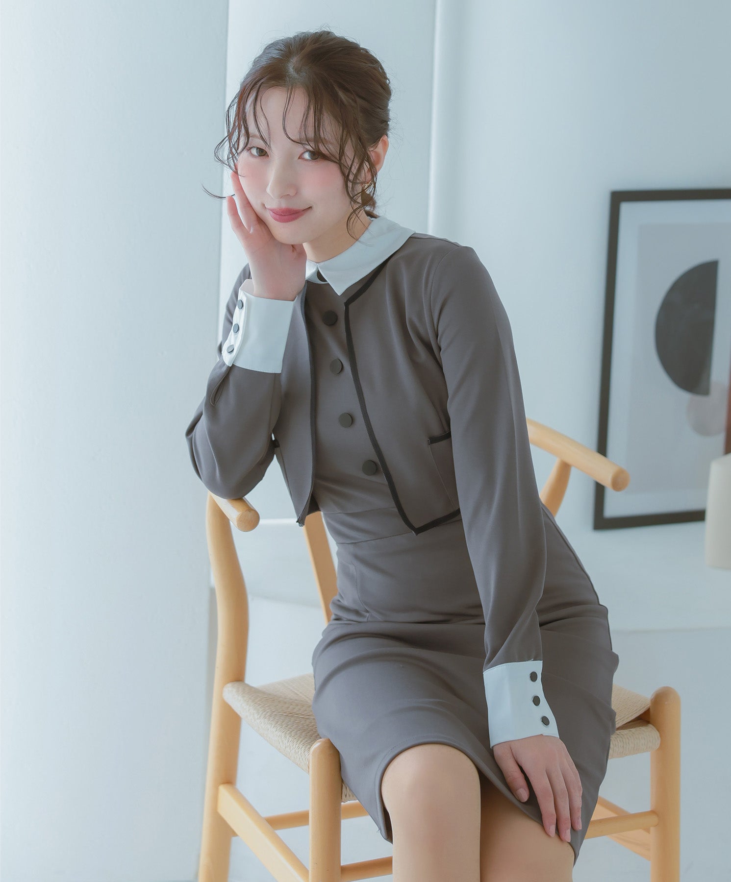 レティカ Retica パーティードレス 二次会 配色襟クラシカルラインワンピース 結婚式 大きいサイズ 30代 お呼ばれ （チャコールグレー） チャコールグレー