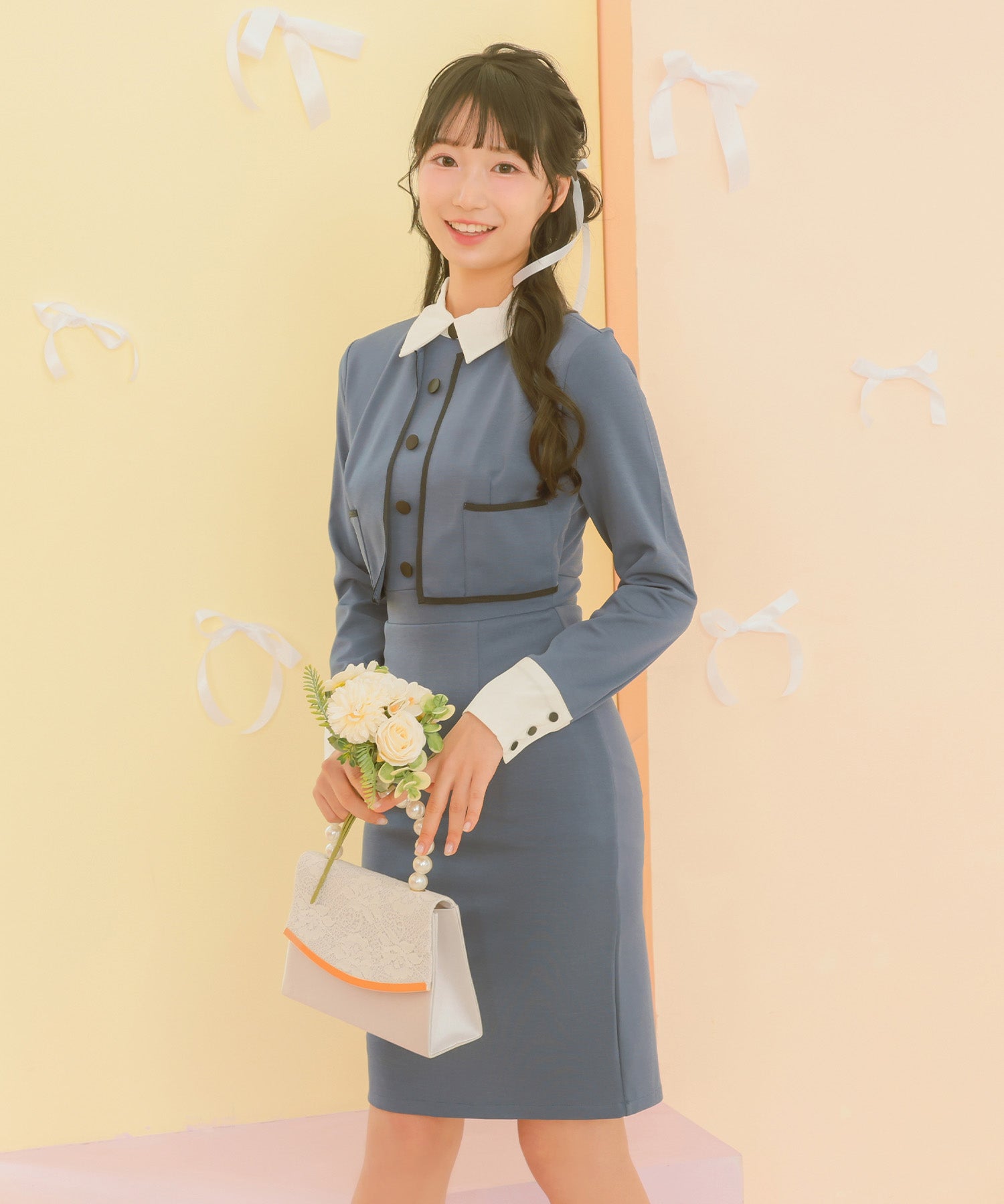 レティカ Retica パーティードレス 二次会 配色襟クラシカルラインワンピース 結婚式 大きいサイズ 30代 お呼ばれ （ダスティブルー） ダスティブルー